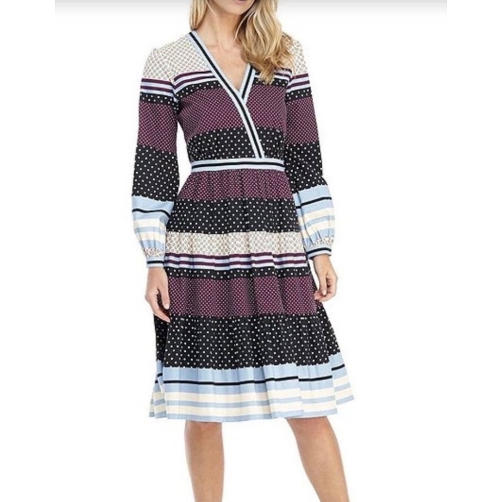 Gal Meets Glam Cotton Dakota Dress 6 NWT Polka Dot Tiered Mixed Print Preppy